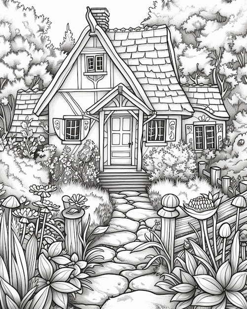 a black and white drawing of a house in the woods generative ai