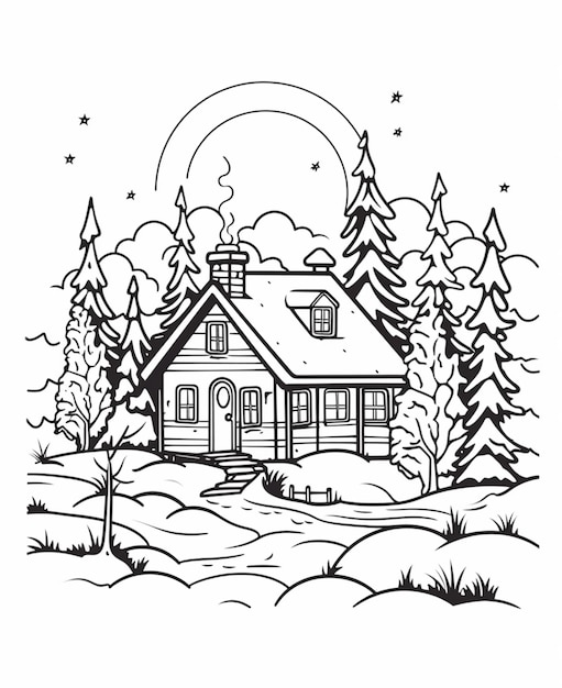 a black and white drawing of a house in the woods generative ai