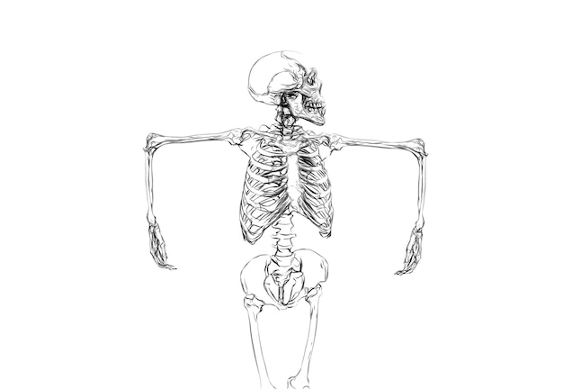 Photo black and white drawing of a human skeleton on a white background