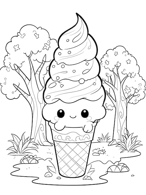 Photo black and white drawing of an ice cream cone with a hat on it