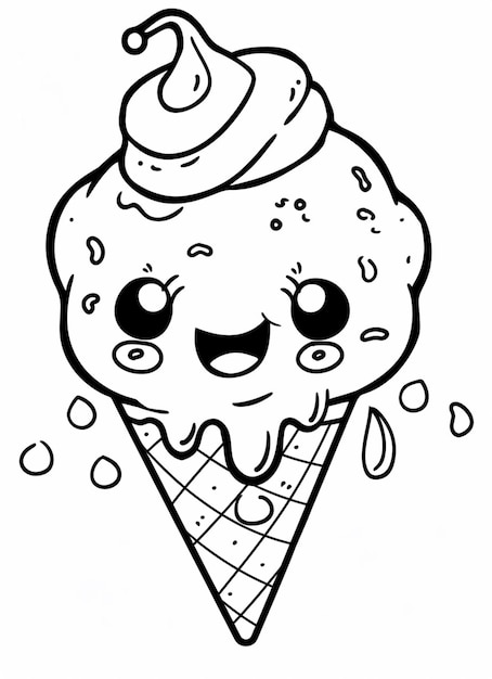 a black and white drawing of a ice cream cone with a smiley face generative ai