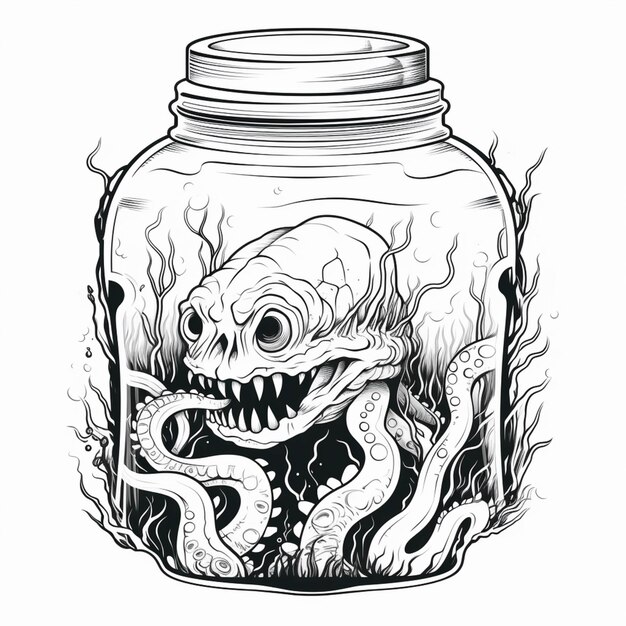 A black and white drawing of a jar with a snake inside generative ai