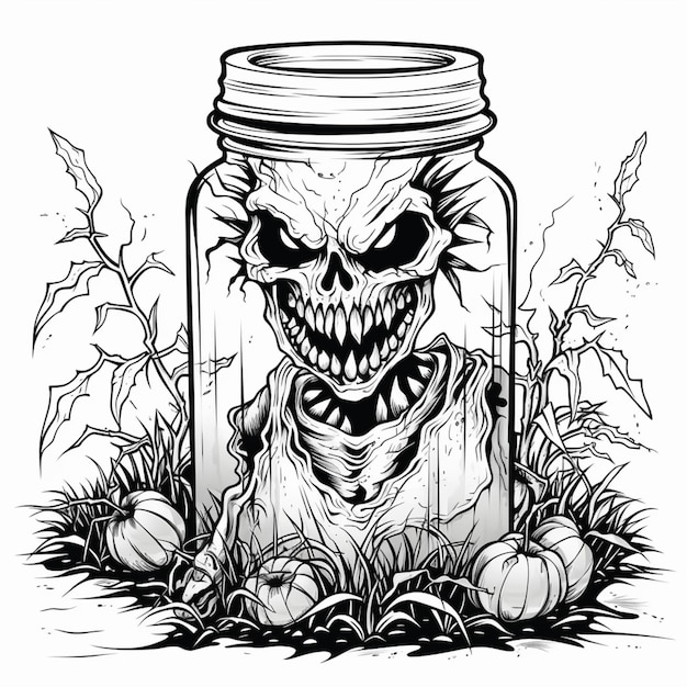 A black and white drawing of a jar with a zombie inside generative ai