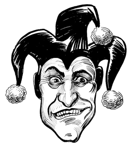 A black and white drawing of a jester head.