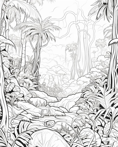 Черно-белый рисунок сцены джунглей с генеративным искусственным интеллектом реки