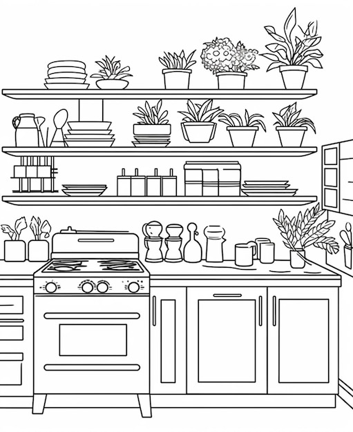 a black and white drawing of a kitchen with a stove and shelves generative ai