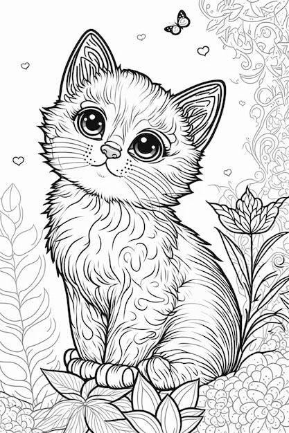 a black and white drawing of a kitten sitting on a flower generative ai