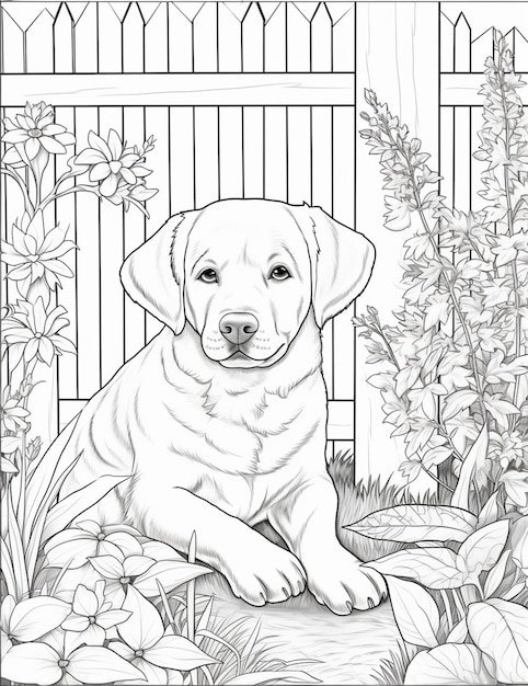 A black and white drawing of a labrador puppy sitting in a garden.