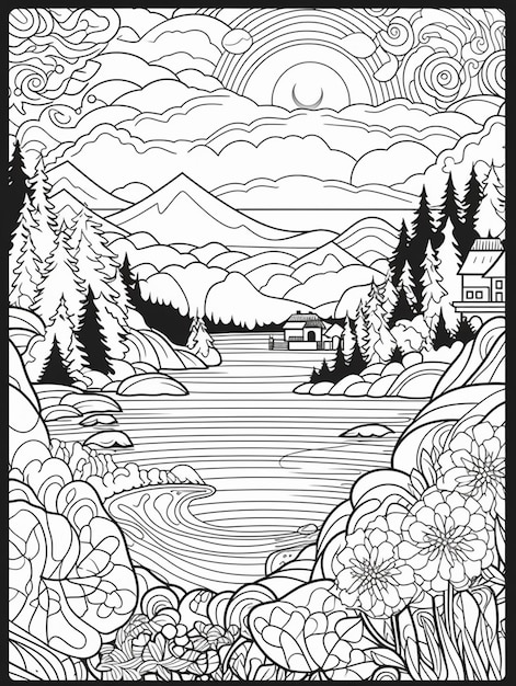 A black and white drawing of a lake with trees and mountains generative ai