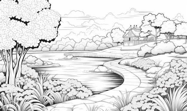 A black and white drawing of a landscape