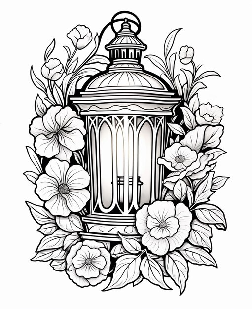 a black and white drawing of a lantern surrounded by flowers generative ai