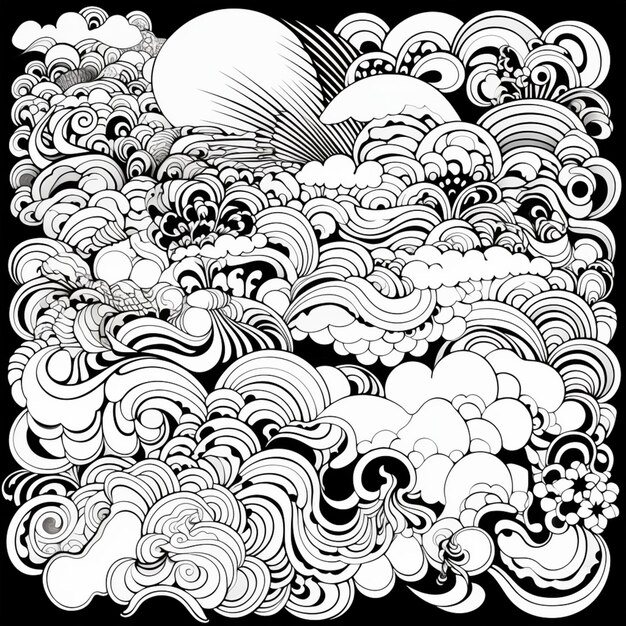 Photo a black and white drawing of a large amount of clouds generative ai