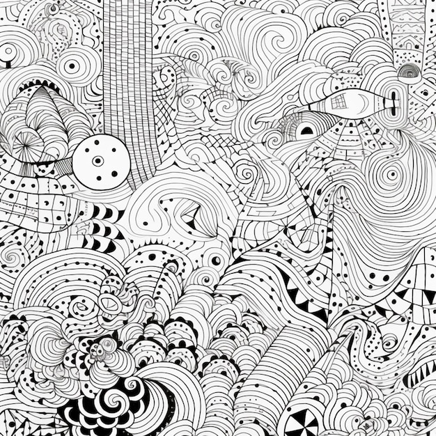 Photo a black and white drawing of a large amount of different shapes generative ai