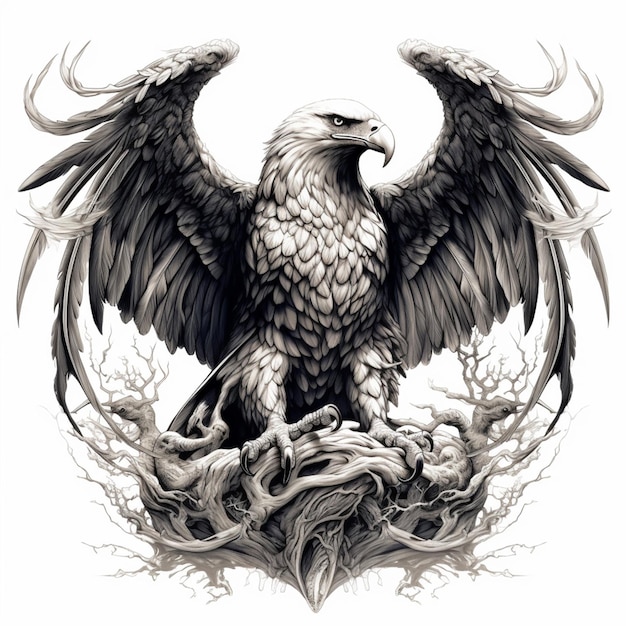 a black and white drawing of a large eagle with wings spread generative ai