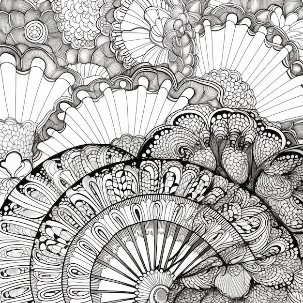 Photo a black and white drawing of a large flower with many designs generative ai