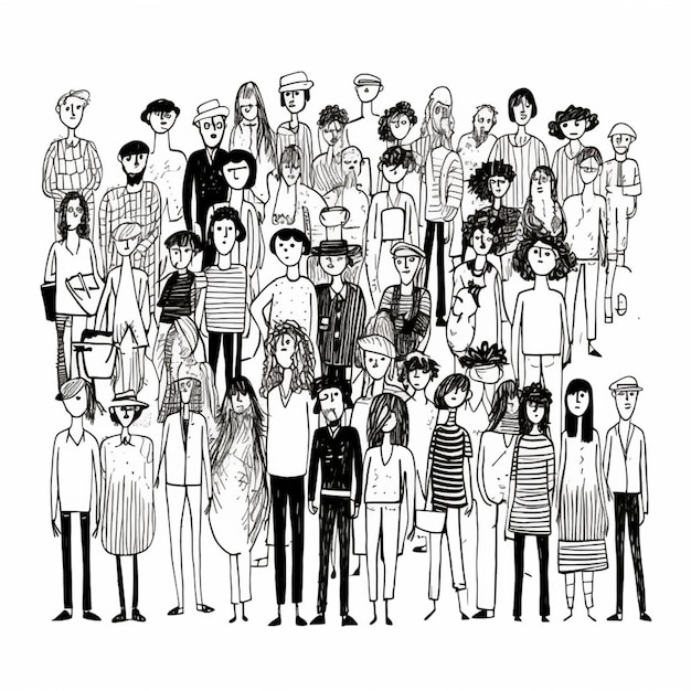 Photo a black and white drawing of a large group of people generative ai