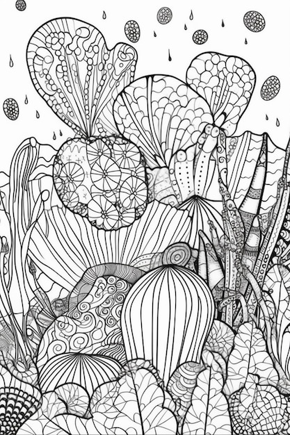 Photo a black and white drawing of a large group of plants generative ai