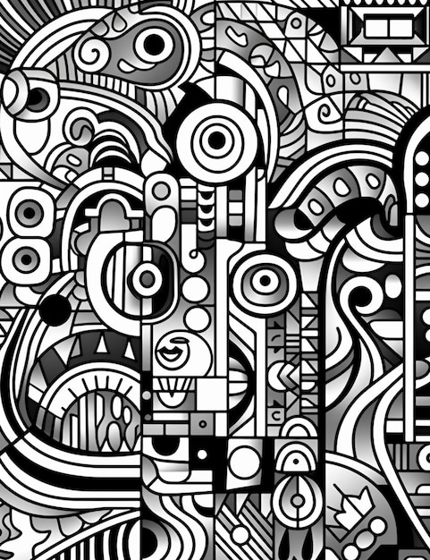 A black and white drawing of a large number of objects generative ai