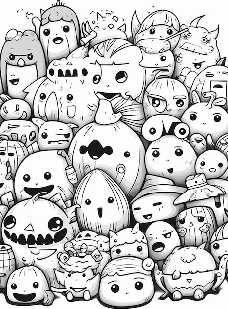 a black and white drawing of a large pile of cartoon characters generativ ai