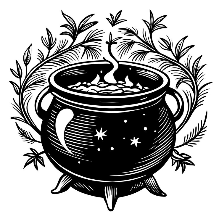 Photo a black and white drawing of a large pot with a wreath of leaves surrounding it