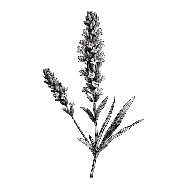 葉が生じるラベンダー植物の黒と白の絵