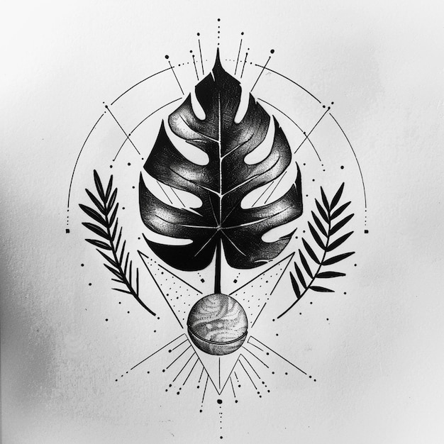 a black and white drawing of a leaf and a sphere generative ai