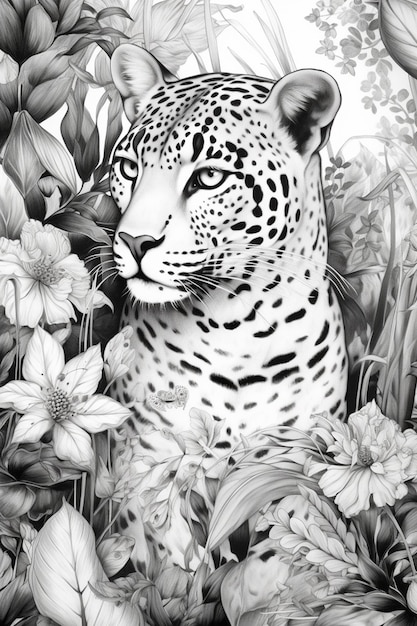 a black and white drawing of a leopard in a jungle generative ai