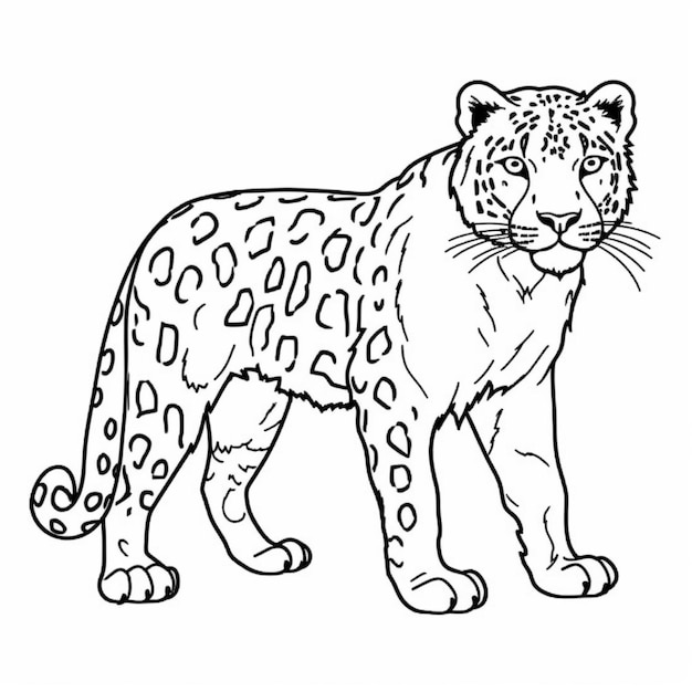 A black and white drawing of a leopard standing on a white background generative ai