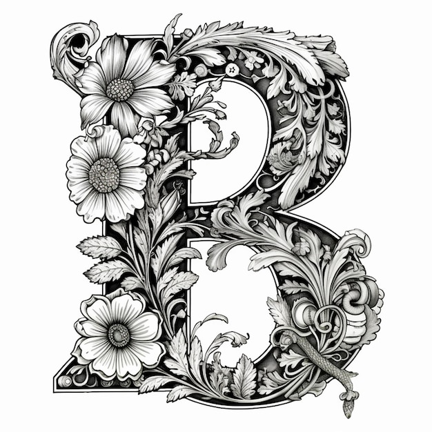 Photo a black and white drawing of a letter b with flowers generative ai