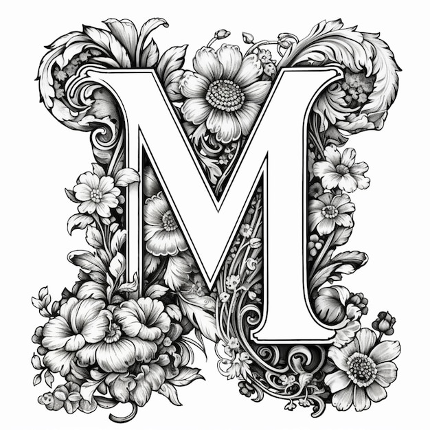 Foto un disegno in bianco e nero di una lettera m con fiori generativi ai