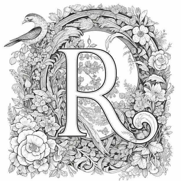 Photo a black and white drawing of a letter r surrounded by flowers generative ai