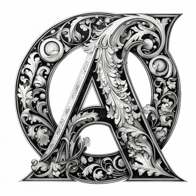 A black and white drawing of a letter a with a floral design generative ai