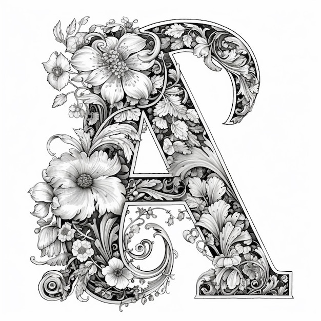 A black and white drawing of a letter with flowers and leaves generative ai