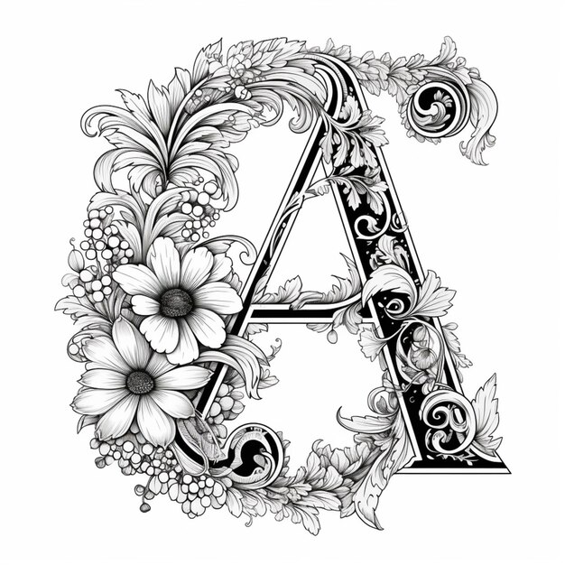 Foto un disegno in bianco e nero di una lettera con fiori e foglie generative ai