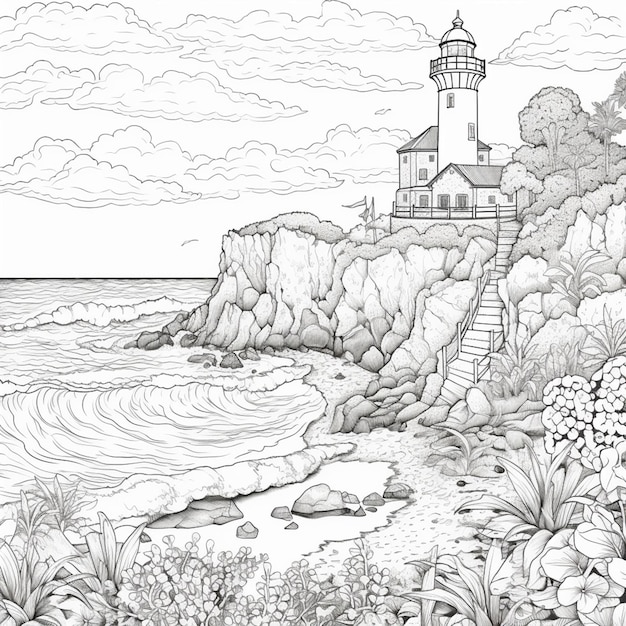 a black and white drawing of a lighthouse on a rocky coast generative ai