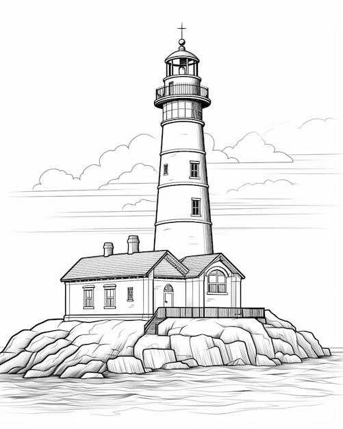 Photo a black and white drawing of a lighthouse on a rocky island generative ai