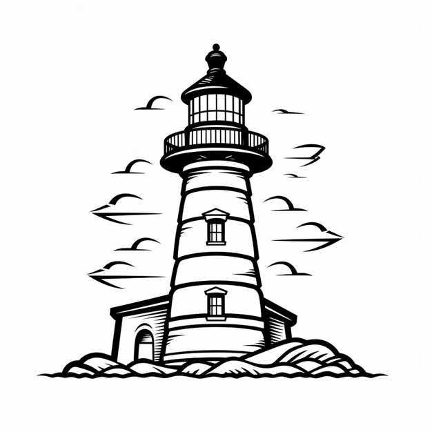 a black and white drawing of a lighthouse on a rocky shore generative ai