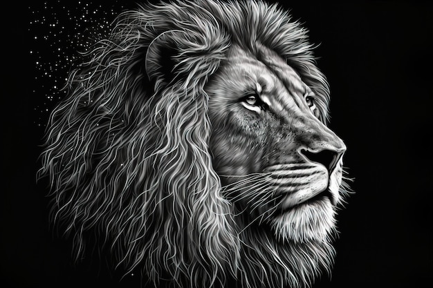 A black and white drawing of a lion's head