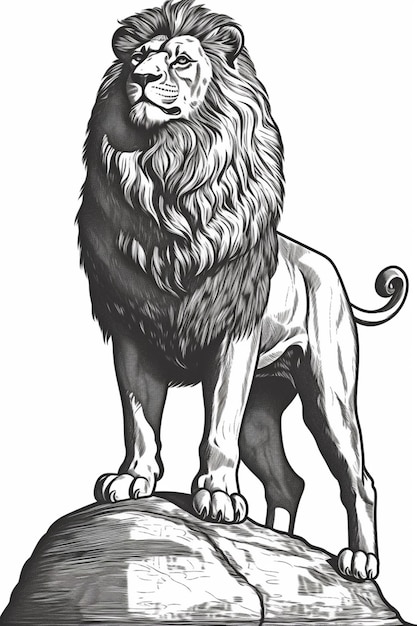 черно-белый рисунок льва, стоящего на скале
