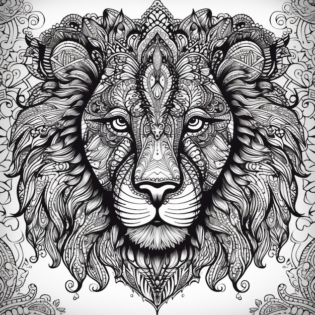 a black and white drawing of a lions head with intricate patterns generative ai