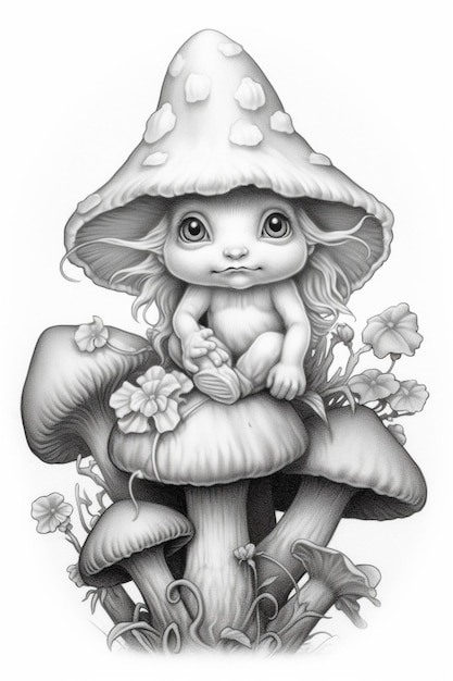 Черно-белый рисунок маленькой девочки, сидящей на грибном генеративном искусстве.