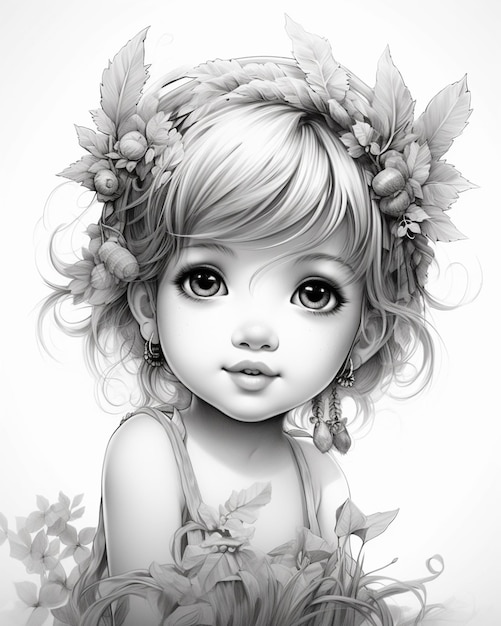 a black and white drawing of a little girl with flowers in her hair generativ ai