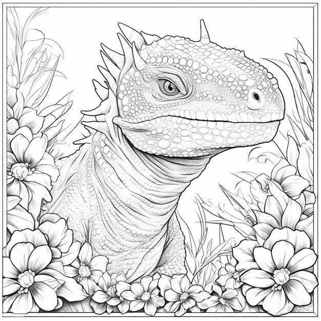 a black and white drawing of a lizard in a flower garden generative ai