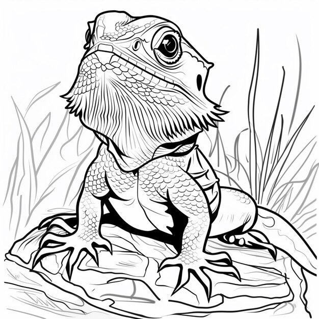 a black and white drawing of a lizard sitting on a rock generative ai