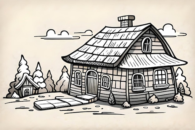 Photo a black and white drawing of a log cabin.