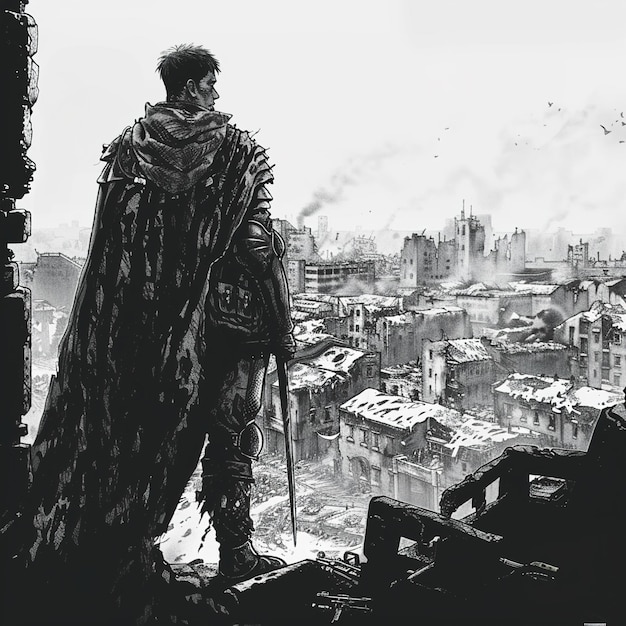 Photo a black and white drawing of a man in a cape and cape standing on a ledge