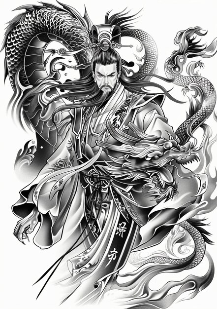 a black and white drawing of a man and a dragon generative ai