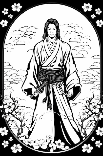 a black and white drawing of a man in a kimono