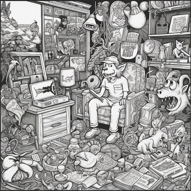 Photo a black and white drawing of a man sitting in a chair surrounded by junk.