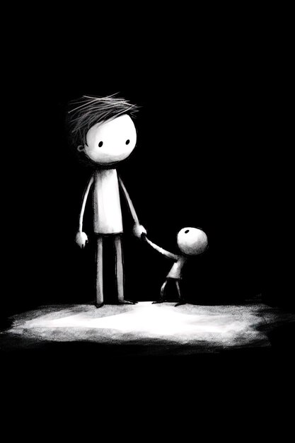 a black and white drawing of a man and a small child